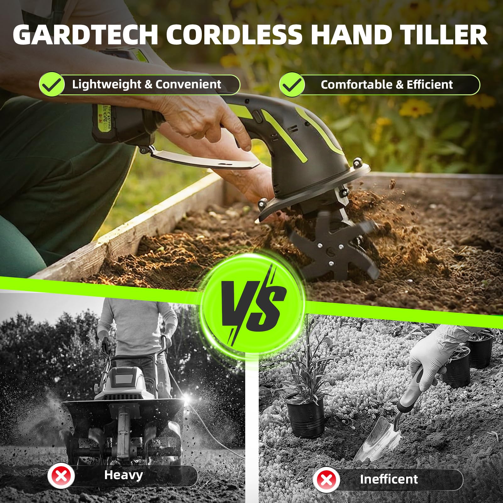 2-IN-1 Cordless Garden Tiller Cultivator for Small Gardens & Raised Beds