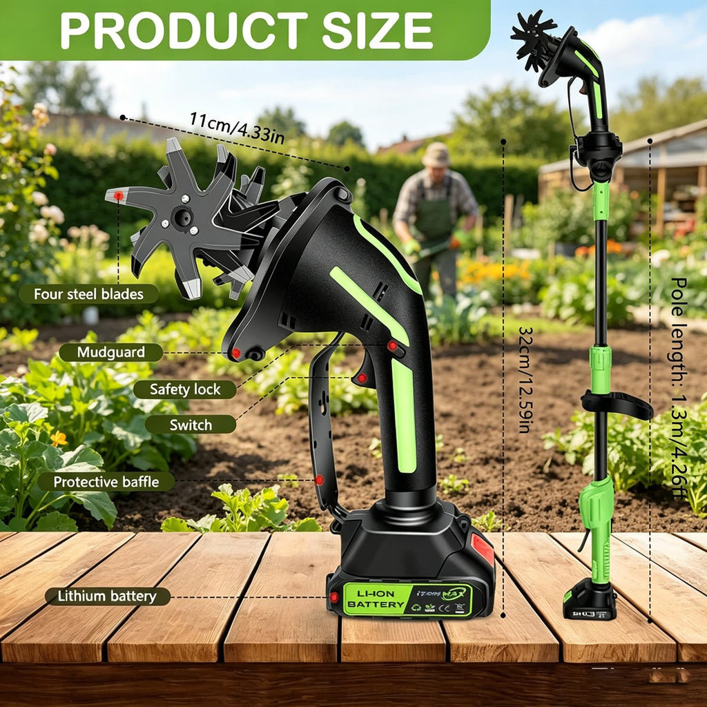 2-IN-1 Cordless Garden Tiller Cultivator for Small Gardens & Raised Beds