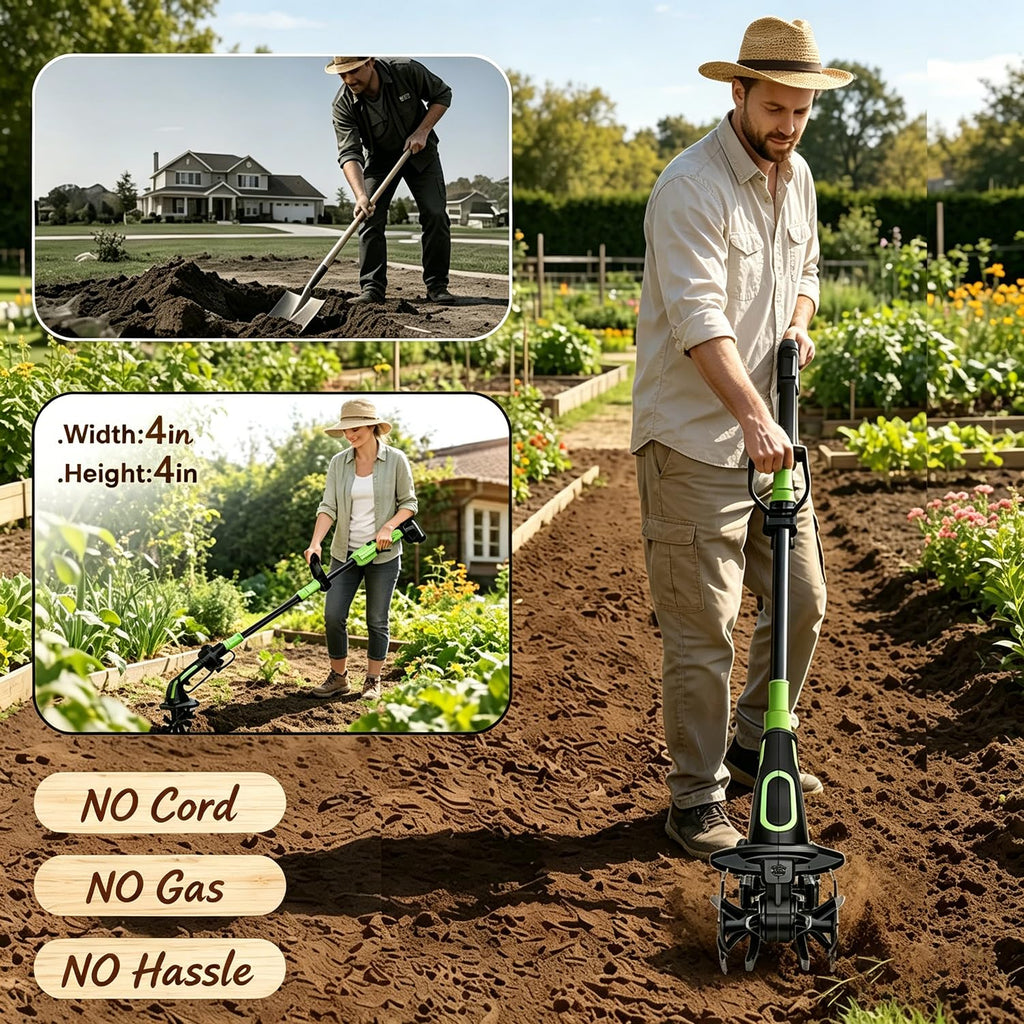 2-IN-1 Cordless Garden Tiller Cultivator for Small Gardens & Raised Beds